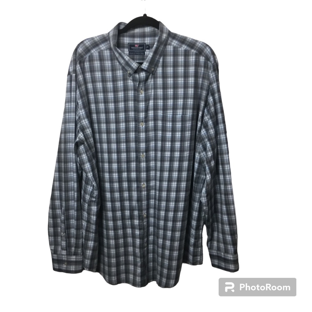 Vineyard Vines Performance gray/blue plaid long sleeve button down shirt. XXL